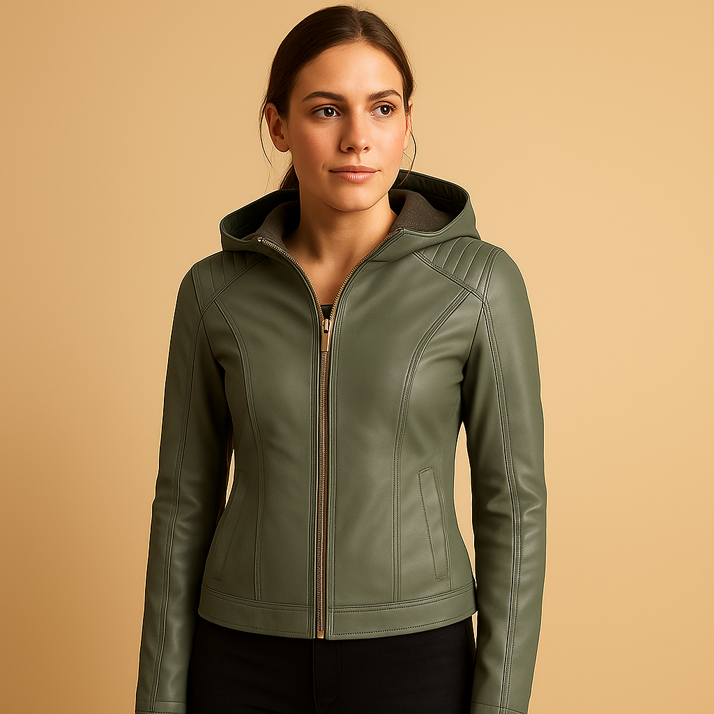 Damesjas met capuchon en gouden details in regular fit, ideaal voor casual en smart casual outfits in de herfst en lente.