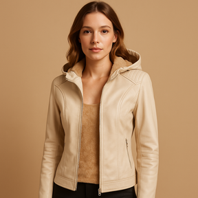Damesjas met afneembare capuchon, gouden ritsdetails en regular fit, ideaal voor casual en smart casual looks in lente en herfst.