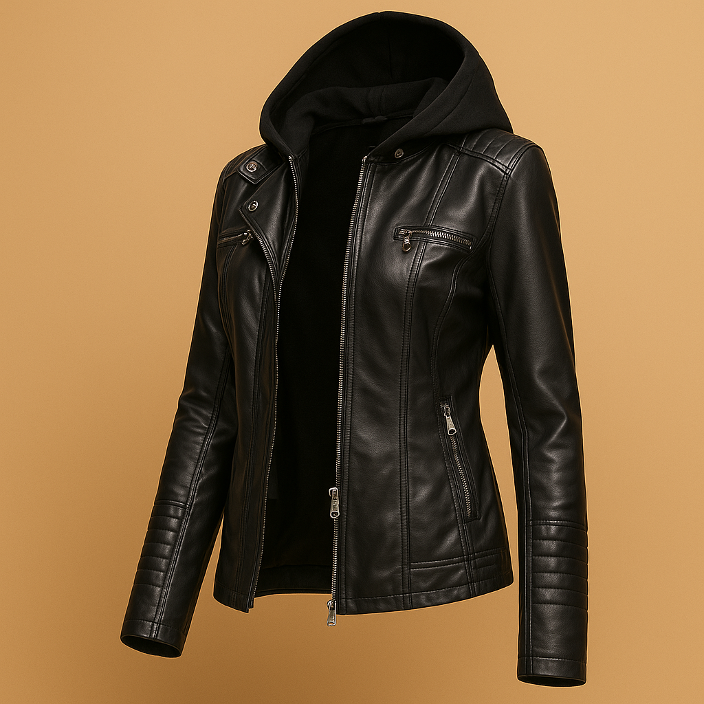 Dames jas met afneembare gebreide capuchon, dubbele rits en getailleerd silhouet, verkrijgbaar in meerdere kleuren.