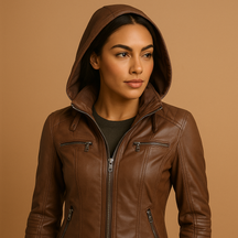 Dames jas met afneembare gebreide capuchon, dubbele rits en getailleerd silhouet, verkrijgbaar in meerdere kleuren.
