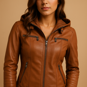 Dames jas met afneembare gebreide capuchon, dubbele rits en getailleerd silhouet, verkrijgbaar in meerdere kleuren.