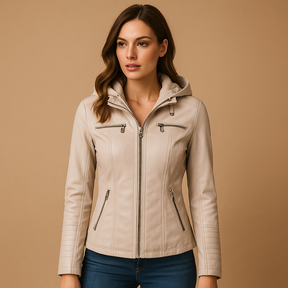Dames jas met afneembare gebreide capuchon, dubbele rits en getailleerd silhouet, verkrijgbaar in meerdere kleuren.