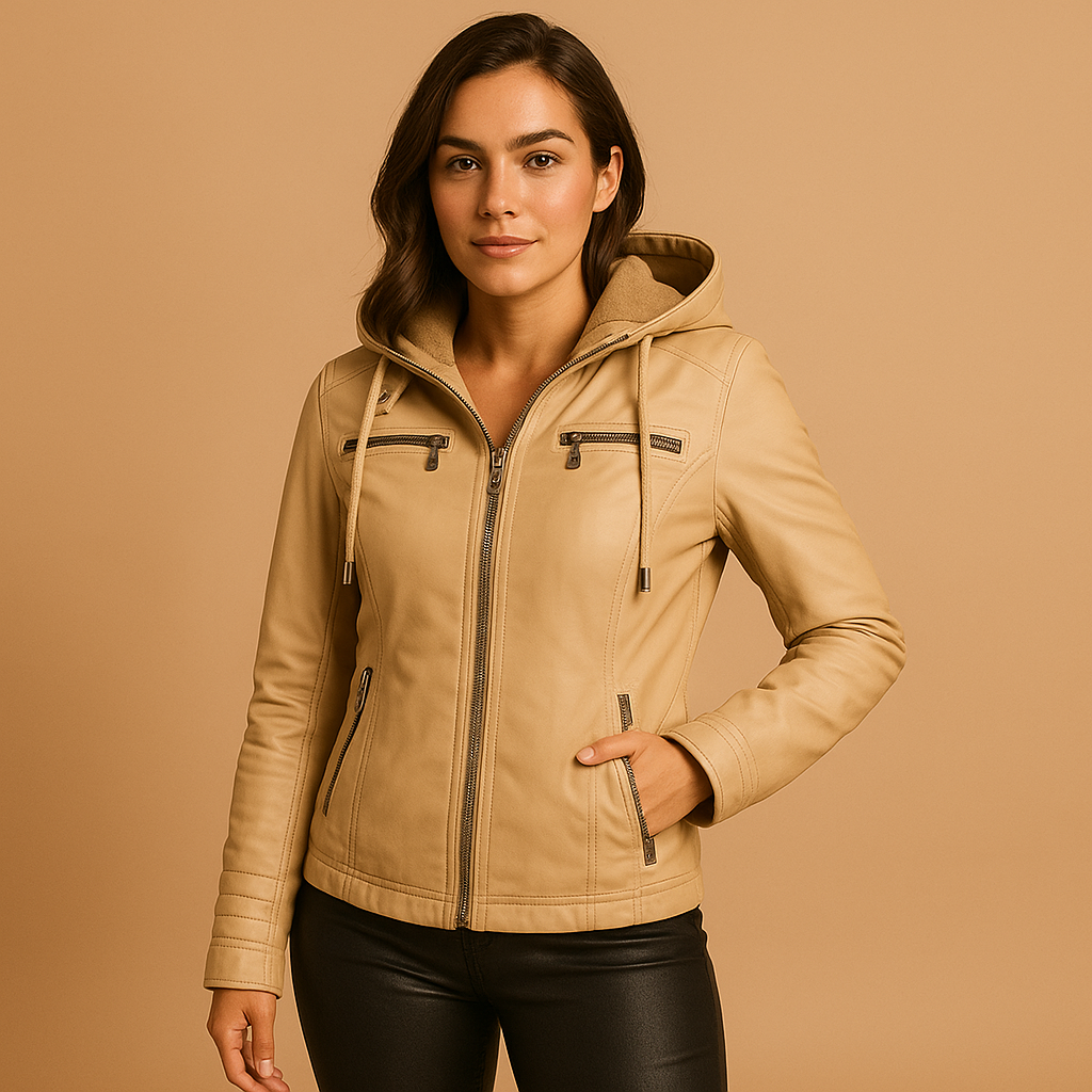 Dames jas met afneembare gebreide capuchon, dubbele rits en getailleerd silhouet, verkrijgbaar in meerdere kleuren.