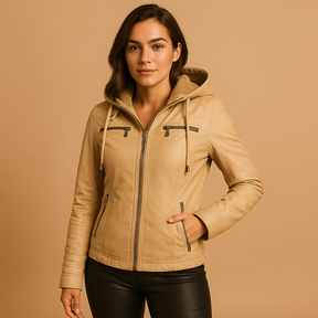 Dames jas met afneembare gebreide capuchon, dubbele rits en getailleerd silhouet, verkrijgbaar in meerdere kleuren.