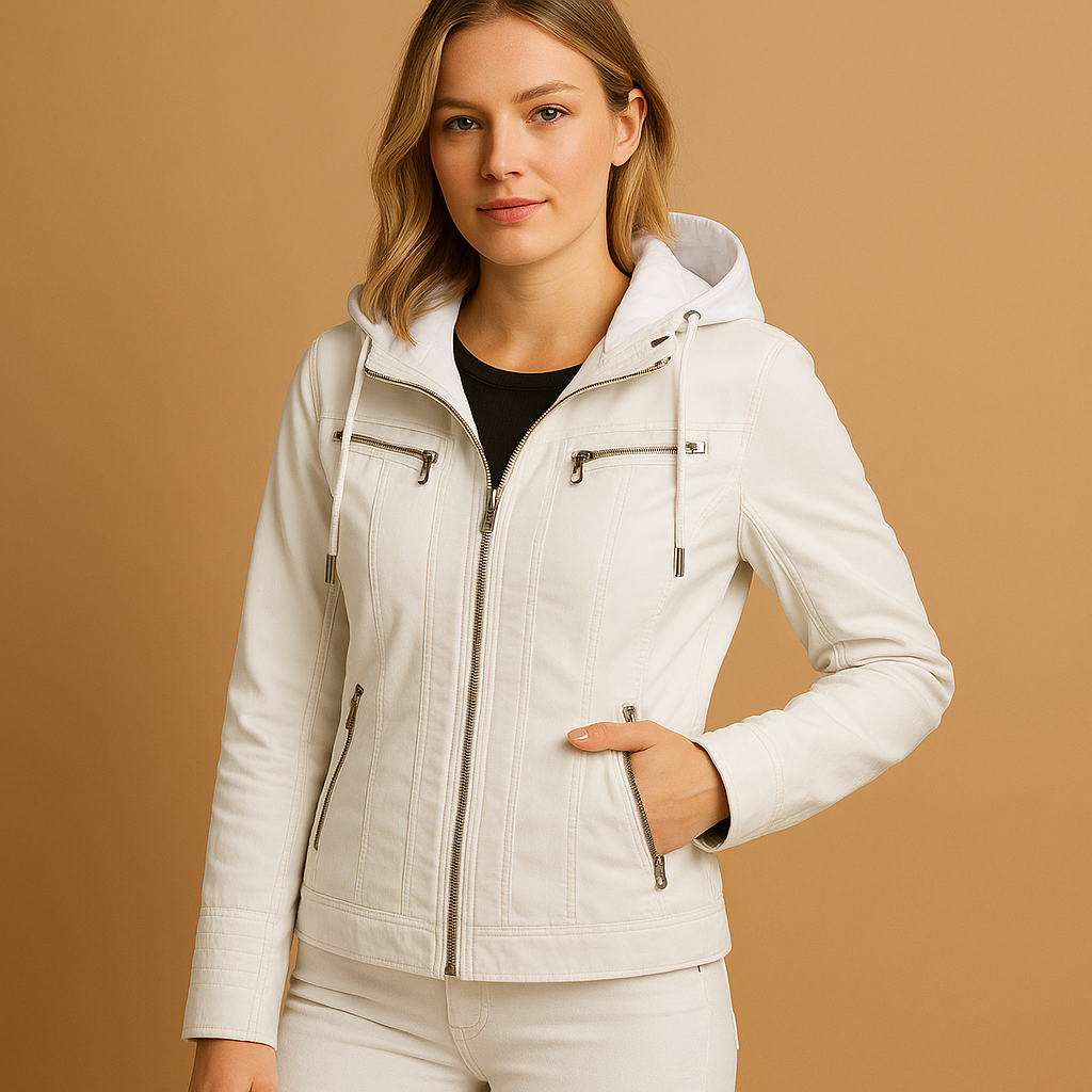 Dames jas met afneembare gebreide capuchon, dubbele rits en getailleerd silhouet, verkrijgbaar in meerdere kleuren.