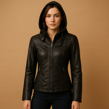 Dames jas met afneembare gebreide capuchon, dubbele rits en getailleerd silhouet, verkrijgbaar in meerdere kleuren.