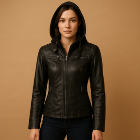 Dames jas met afneembare gebreide capuchon, dubbele rits en getailleerd silhouet, verkrijgbaar in meerdere kleuren.