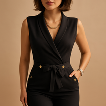 Elegante dames jumpsuit met diepe V-hals en taille-strik, perfect voor avondjes uit en formele gelegenheden.