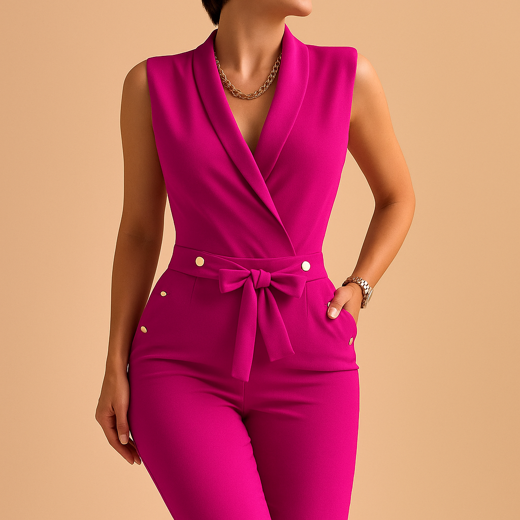 Elegante dames jumpsuit met diepe V-hals en taille-strik, perfect voor avondjes uit en formele gelegenheden.