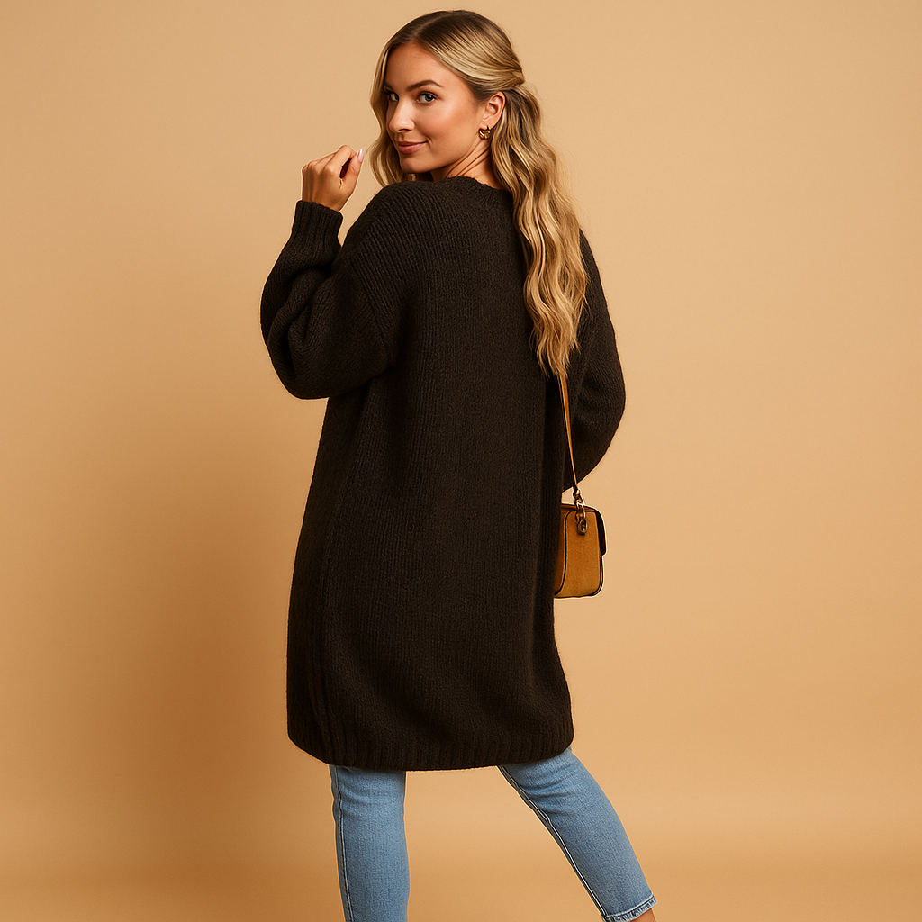 Klassiek gebreid damesvest met open voorkant en lange mouwen. Zacht, warm en perfect voor winter en tussenseizoenen in meerdere kleuren.