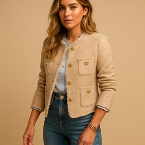 Klassieke tweed blazer voor dames met kraag en knoopsluiting, ideaal voor zakelijk gebruik of casual chic outfits.