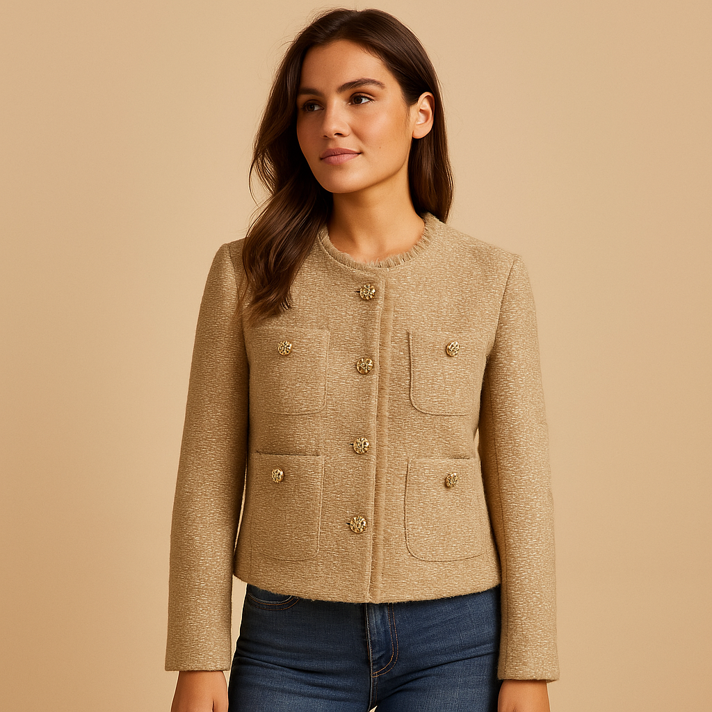 Klassieke tweed blazer voor dames met kraag en knoopsluiting, ideaal voor zakelijk gebruik of casual chic outfits.
