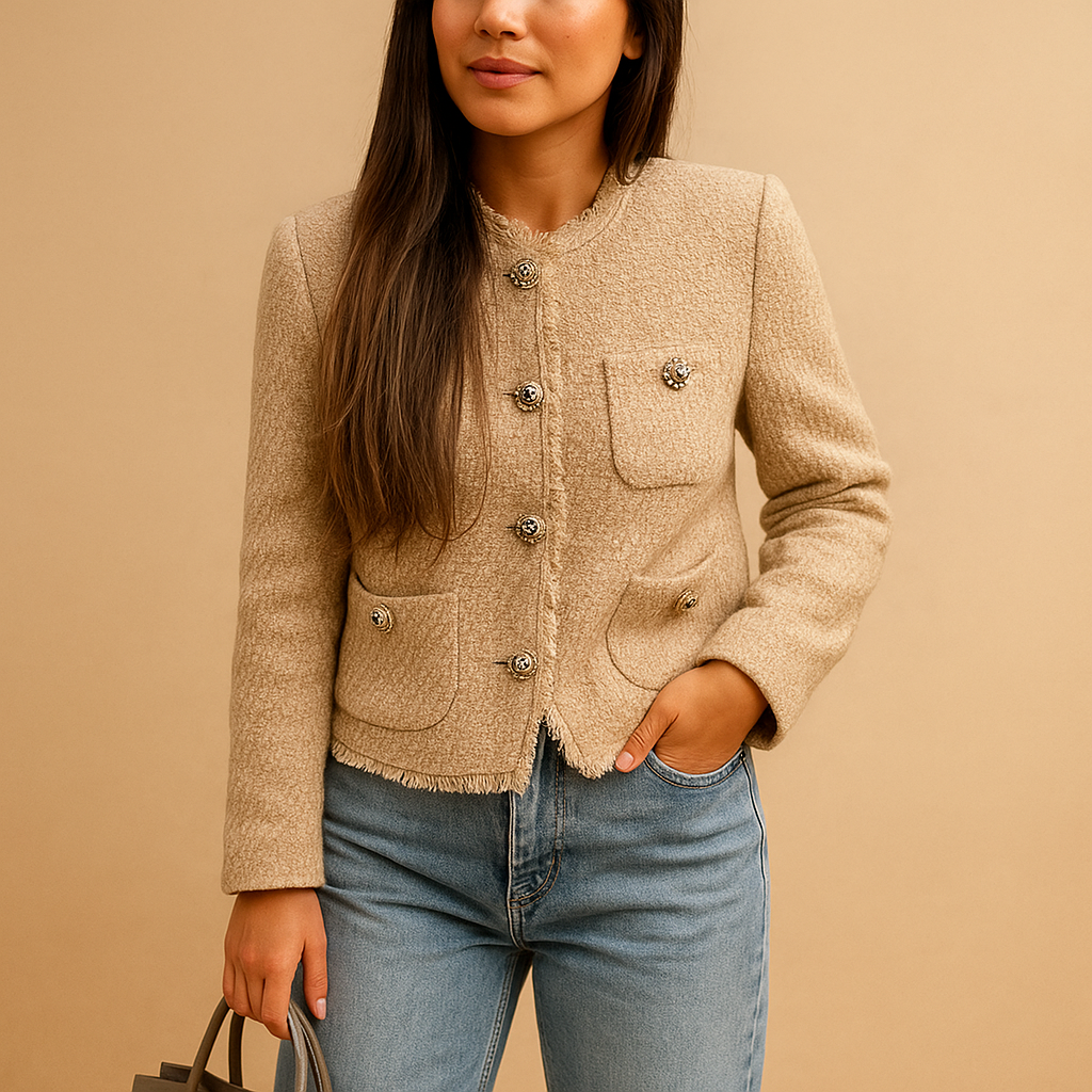 Klassieke tweed blazer voor dames met kraag en knoopsluiting, ideaal voor zakelijk gebruik of casual chic outfits.
