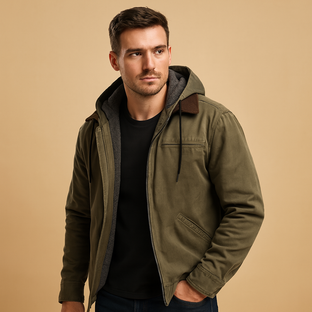 Klassieke winterjas voor heren met capuchon, zachte voering en tijdloos design, perfect voor koude dagen en outdoor-activiteiten.