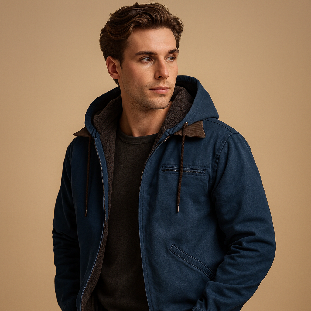 Klassieke winterjas voor heren met capuchon, zachte voering en tijdloos design, perfect voor koude dagen en outdoor-activiteiten.