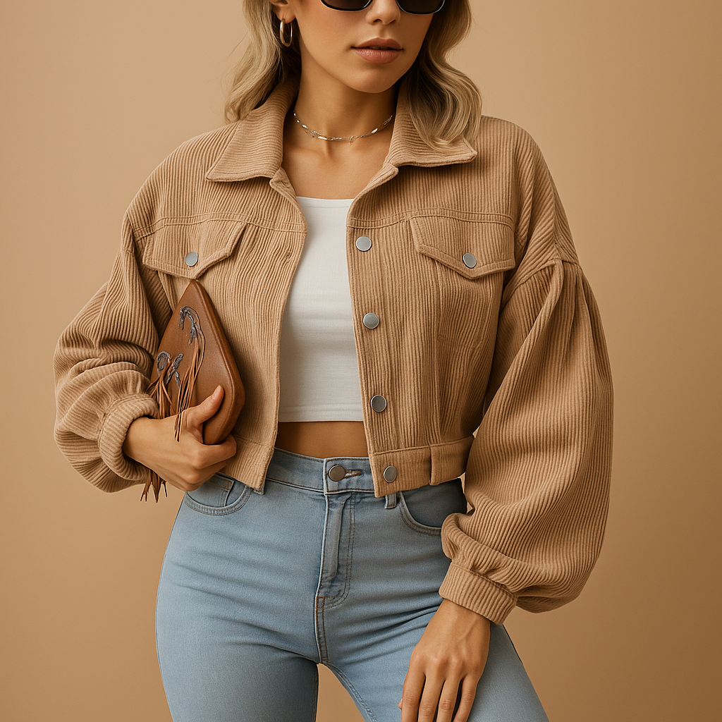 Korte corduroy jas voor dames met ribbelstructuur, zilveren knopen en borstzakken. Stijlvol en tijdloos voor casual en elegante outfits.