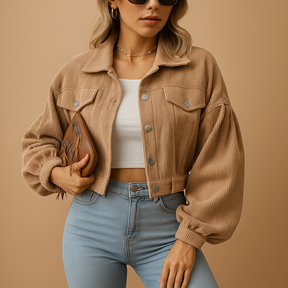 Korte corduroy jas voor dames met ribbelstructuur, zilveren knopen en borstzakken. Stijlvol en tijdloos voor casual en elegante outfits.