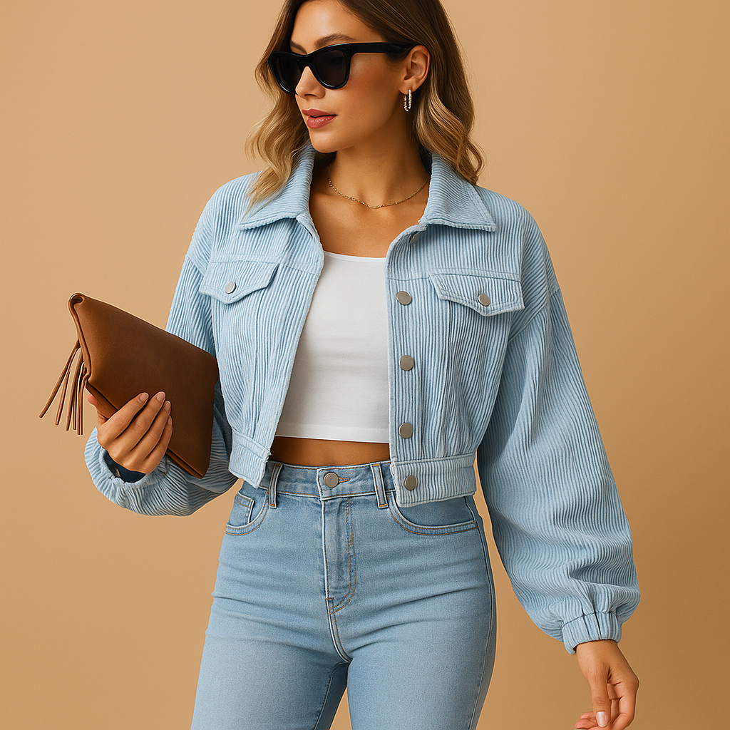 Korte corduroy jas voor dames met cropped model, lange mouwen, borstzakken, klassieke kraag en zilverkleurige knopen voor een stijlvolle look.