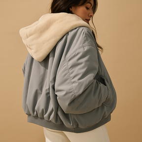 Korte winterjas met capuchon voor dames in zwart, blauw en wit, met warme voering en moderne pasvorm voor dagelijks gebruik in koude dagen.