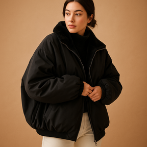 Korte winterjas met capuchon voor dames in zwart, blauw en wit, met warme voering en moderne pasvorm voor dagelijks gebruik in koude dagen.