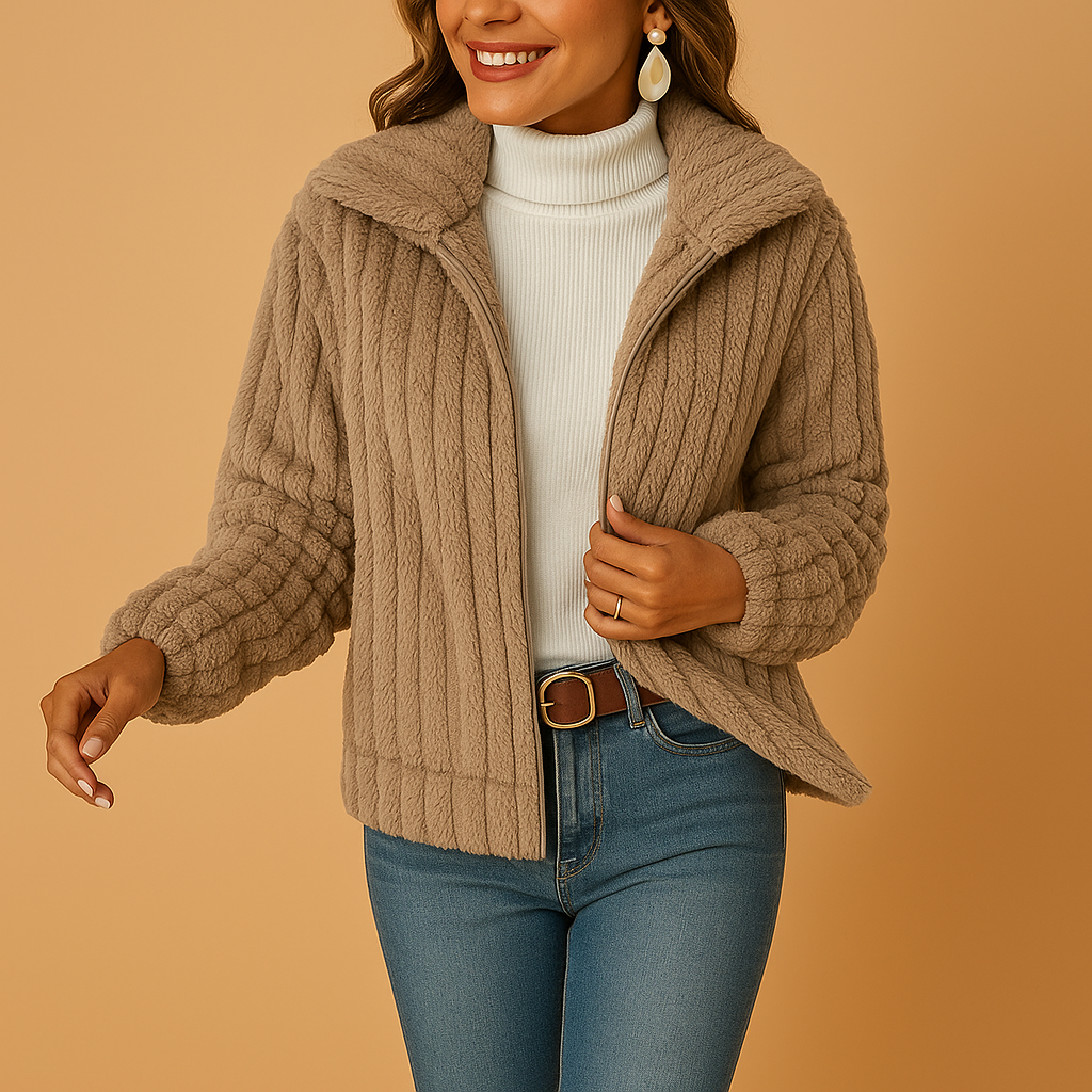 Lang fleece damesvest met kraag in beige, ideaal voor herfst, winter en casual laagjes.