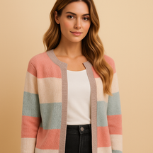 Lang open damesvest met relaxte of getailleerde pasvorm, ideaal voor werk, casual outfits of thuisgebruik.