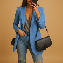 Elegante lange blazer voor dames met verlengend silhouet en luxe pasvorm, geschikt voor werk, casual en formele gelegenheden.