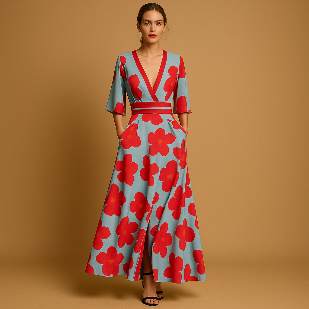 Lange bloemenjurk voor dames met diepe V-hals, getailleerde taille, vloeiende rok en praktische zakken, ideaal voor zomerse dagen en feestjes.