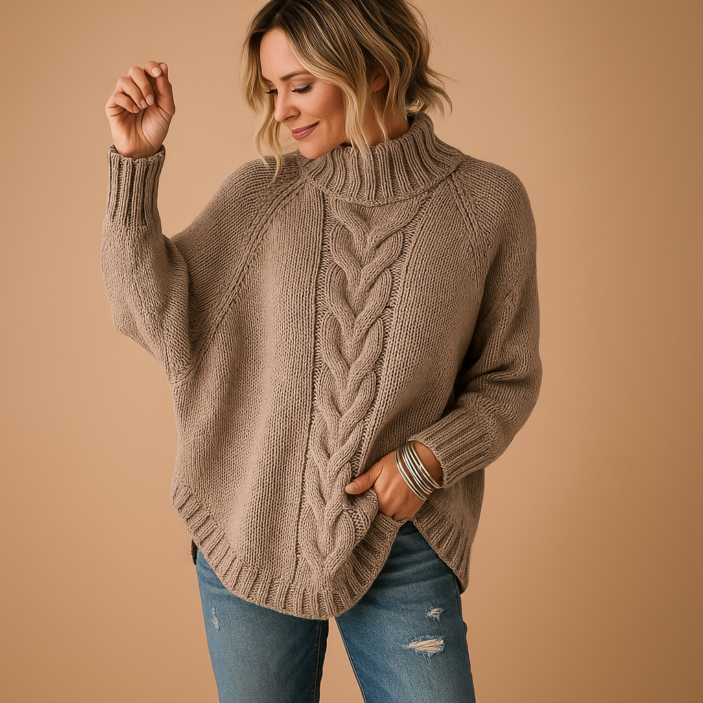 Lange chunky gebreide damestrui in winterstijl, ideaal voor casual en warme winterlooks.