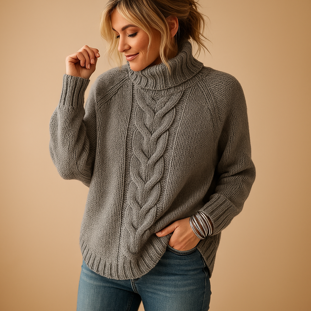 Lange chunky gebreide damestrui in winterstijl, ideaal voor casual en warme winterlooks.