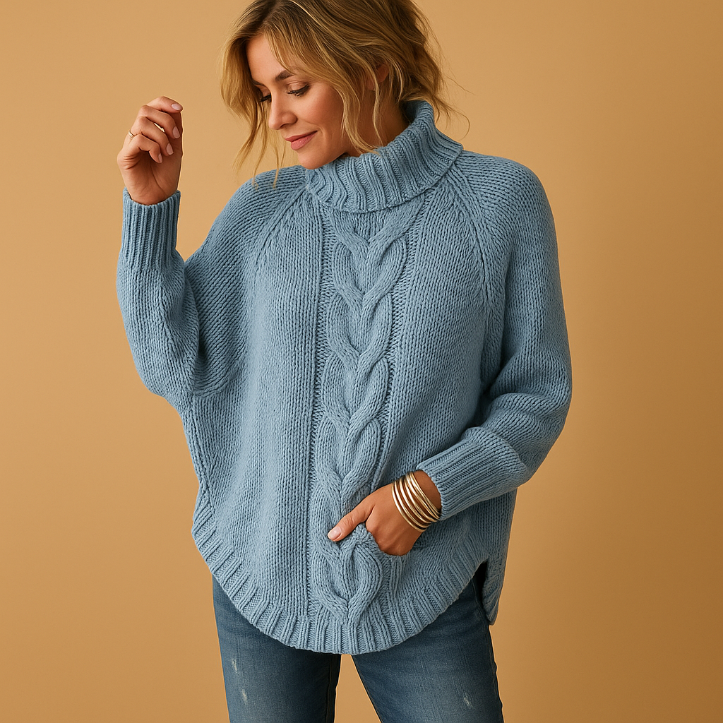 Lange chunky gebreide damestrui in winterstijl, ideaal voor casual en warme winterlooks.