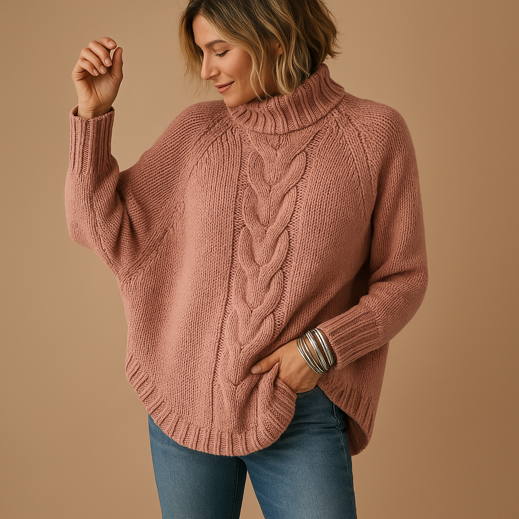 Lange chunky gebreide damestrui in winterstijl, ideaal voor casual en warme winterlooks.
