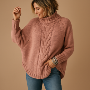 Lange chunky gebreide damestrui in winterstijl, ideaal voor casual en warme winterlooks.