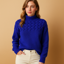 Dames coltrui in gebreide stof met hoge hals in roze, groen of blauw. Perfect voor winterse lagen en casual outfits.