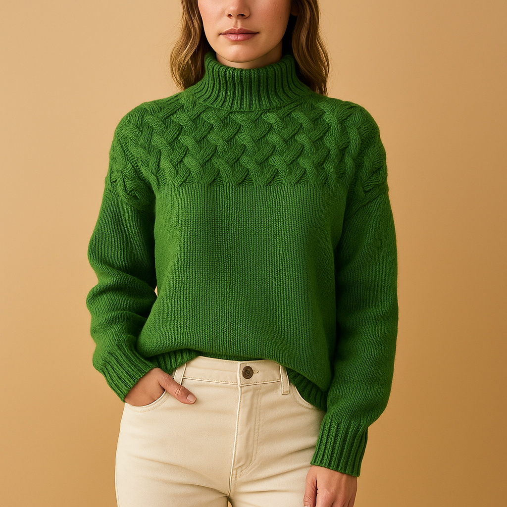 Dames coltrui in gebreide stof met hoge hals in roze, groen of blauw. Perfect voor winterse lagen en casual outfits.