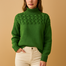Dames coltrui in gebreide stof met hoge hals in roze, groen of blauw. Perfect voor winterse lagen en casual outfits.