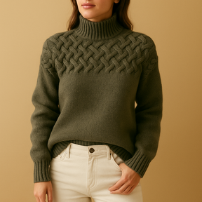 Dames coltrui in gebreide stof met hoge hals in roze, groen of blauw. Perfect voor winterse lagen en casual outfits.