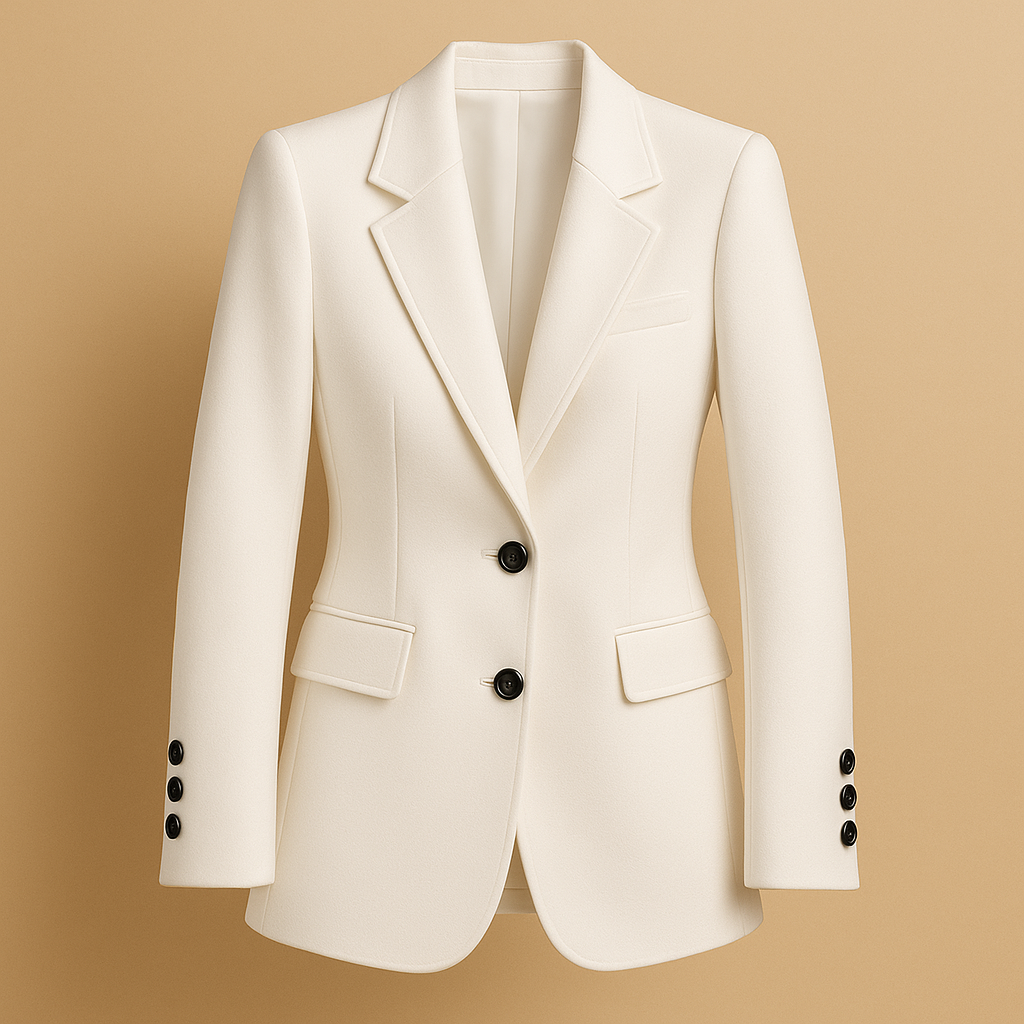 Lange elegante damesblazer in klassiek design met moderne afwerking – geschikt voor werk en dagelijks gebruik