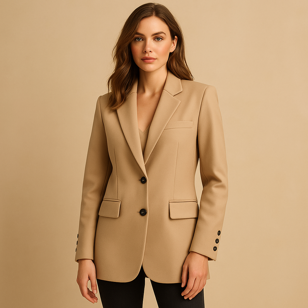 Lange elegante damesblazer in klassiek design met moderne afwerking – geschikt voor werk en dagelijks gebruik