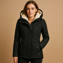 Lange elegante winterjas voor dames in zwart, beige of grijs, met getailleerde pasvorm en isolerende voering voor koude dagen.