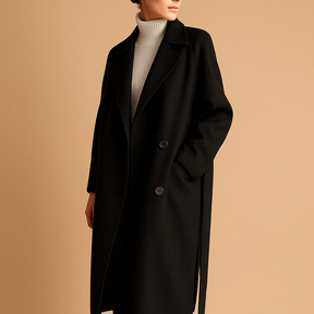 Lange elegante winterjas voor dames in neutrale tinten. Warm, stijlvol en geschikt voor formeel en casual gebruik in koude seizoenen.