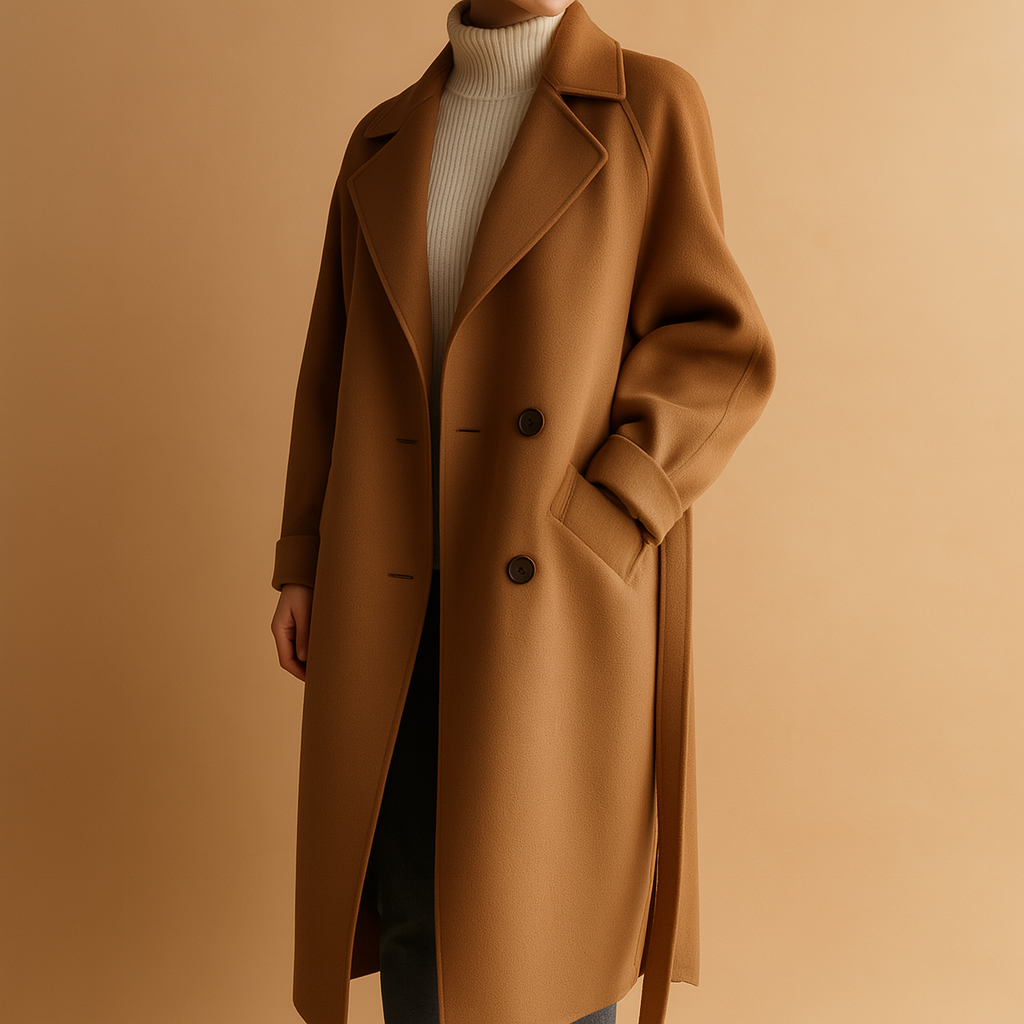Lange elegante winterjas voor dames in neutrale tinten. Warm, stijlvol en geschikt voor formeel en casual gebruik in koude seizoenen.
