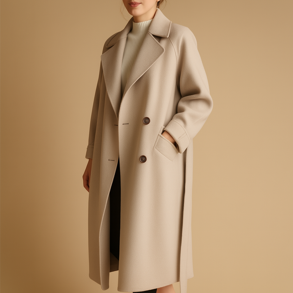 Lange elegante winterjas voor dames in neutrale tinten. Warm, stijlvol en geschikt voor formeel en casual gebruik in koude seizoenen.