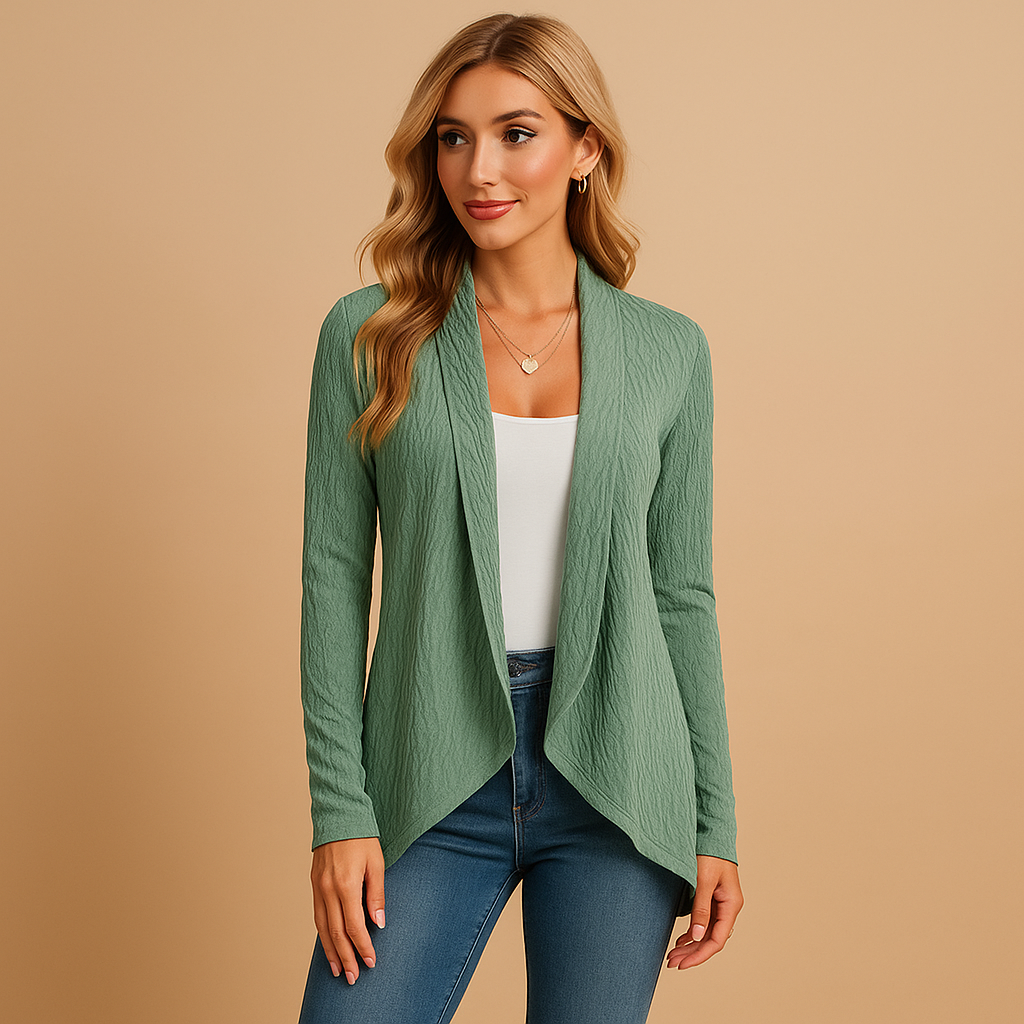 Lange gebreide cardigan voor dames in zachte stof en effen kleuren, ideaal voor layering in lente en herfst met een elegante en casual look.