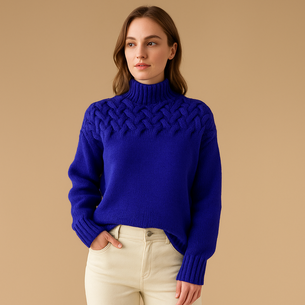 Lange gebreide trui met col voor dames in roze, groen en blauw – perfect voor casual of chique winterlooks.