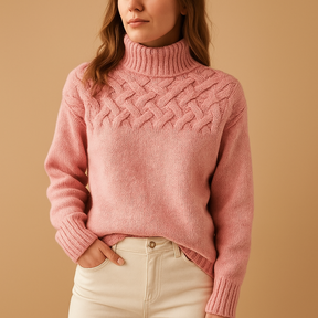 Lange gebreide trui met col voor dames in roze, groen en blauw – perfect voor casual of chique winterlooks.