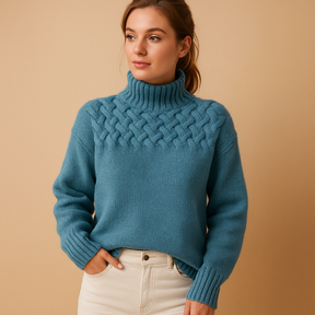 Lange gebreide trui met col voor dames in roze, groen en blauw – perfect voor casual of chique winterlooks.