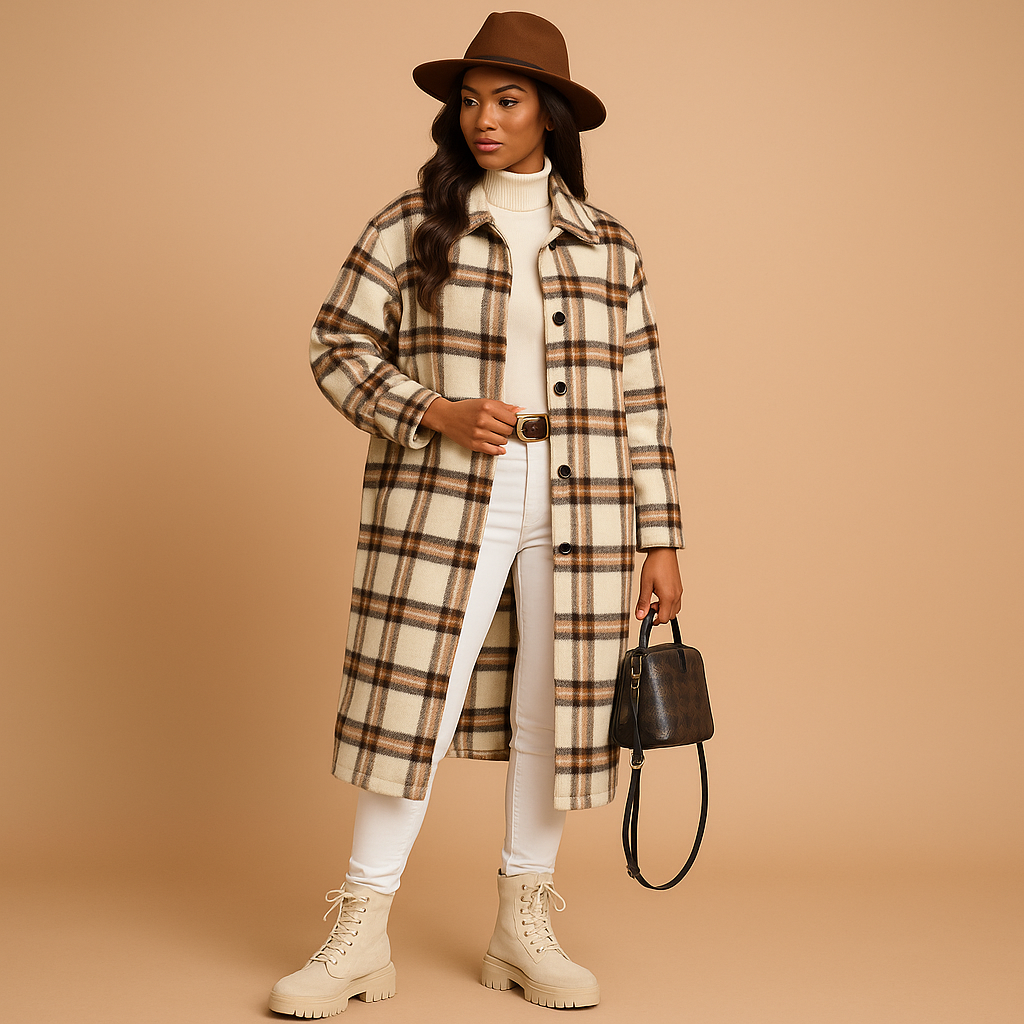 Lange geruite jas voor dames in wol-look met getailleerde pasvorm, zachte binnenkant en klassieke uitstraling. Perfect voor dagelijks en formeel gebruik.