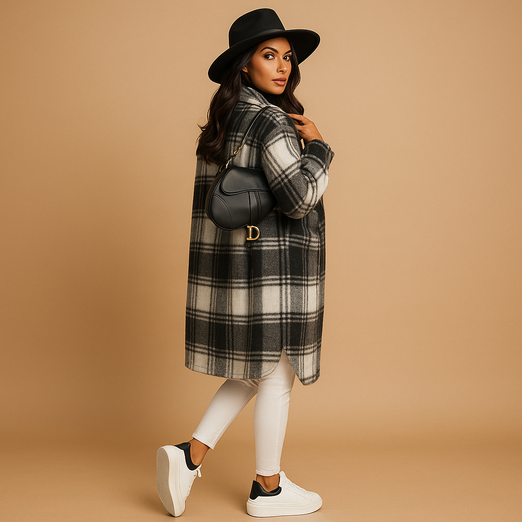 Lange geruite jas voor dames in wol-look met getailleerde pasvorm, zachte binnenkant en klassieke uitstraling. Perfect voor dagelijks en formeel gebruik.