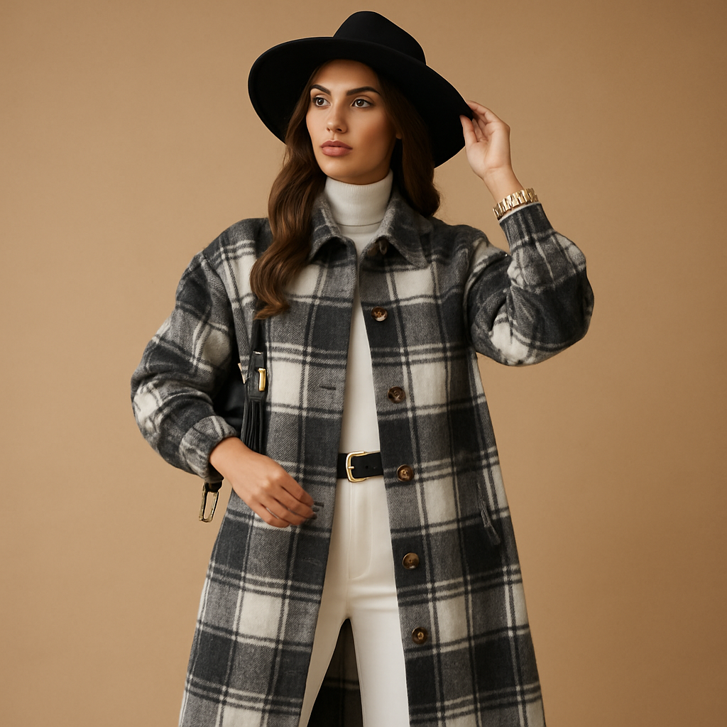 Lange geruite jas voor dames in wol-look met getailleerde pasvorm, zachte binnenkant en klassieke uitstraling. Perfect voor dagelijks en formeel gebruik.